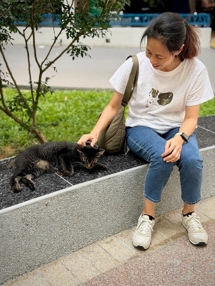 Dewy lying on an outdoor concrete bench while a seated neighbour gently strokes him
